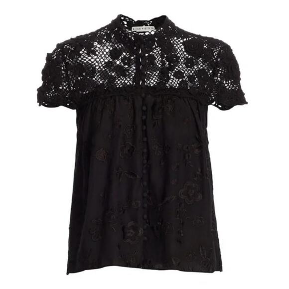 Alice + Olivia Ilaria Crochet Yoke‎ Blouse Black Size Small - Picture 3 of 11